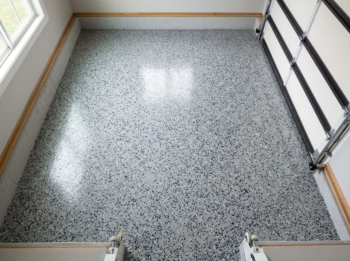 Decorative flake epoxy floor close-up