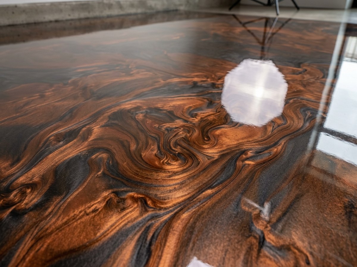 Metallic epoxy floor with marbled finish
