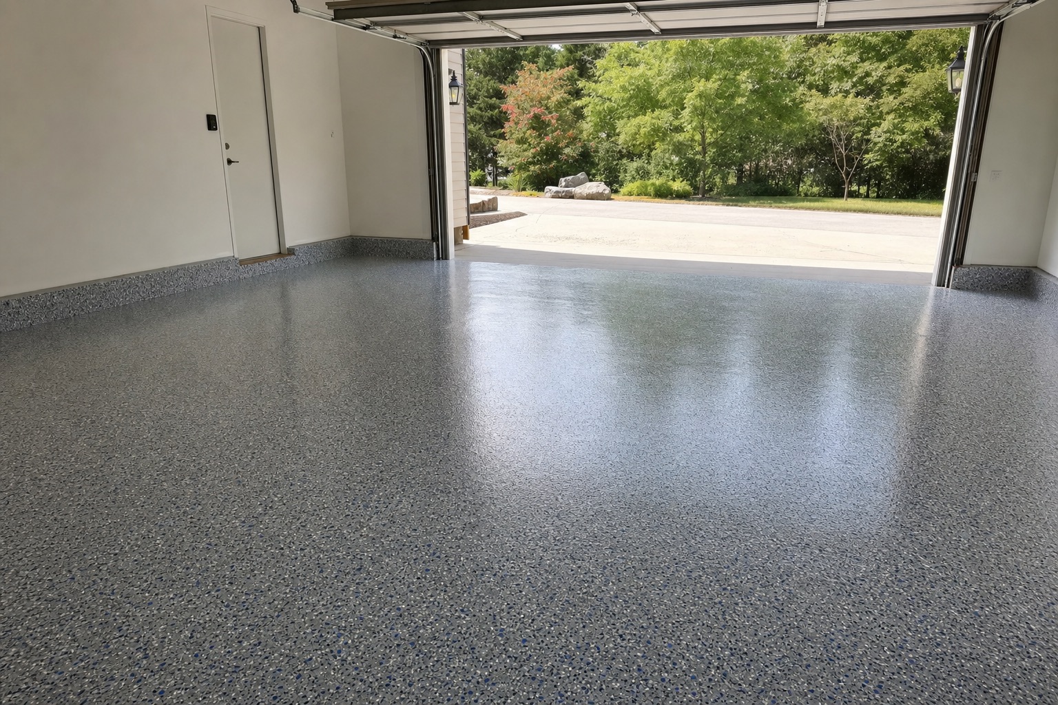 Two-car residential garage with a gray decorative flake epoxy floor and glossy topcoat