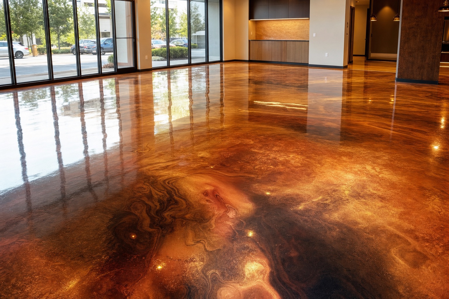 Marbled metallic epoxy floor in copper and bronze tones in a commercial showroom