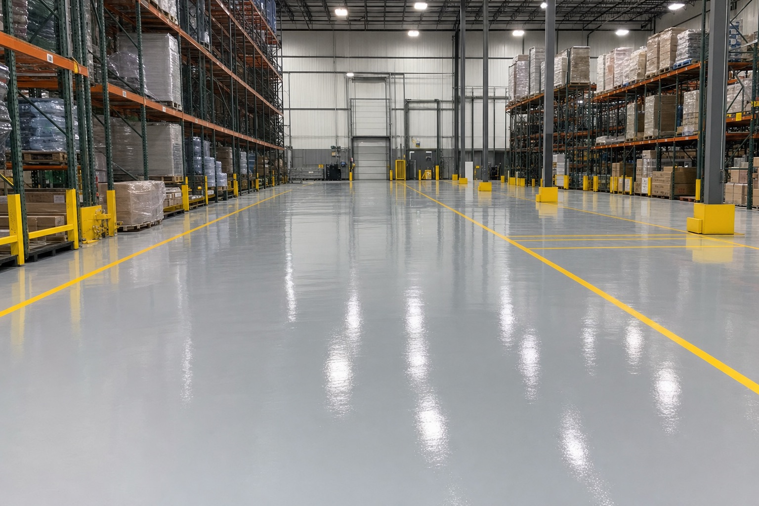 Commercial warehouse floor with light-gray industrial epoxy and yellow safety striping