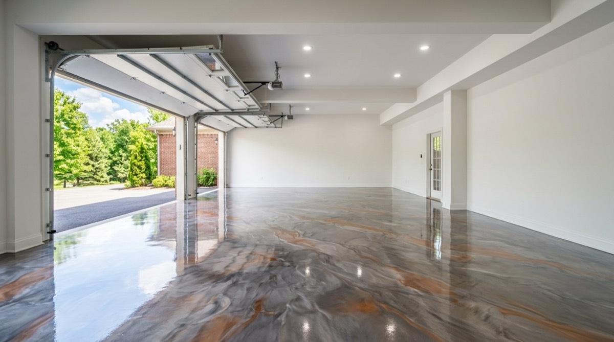 Metallic epoxy floor coating in a clean residential garage