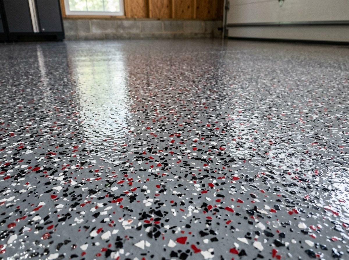 Decorative flake epoxy floor coating