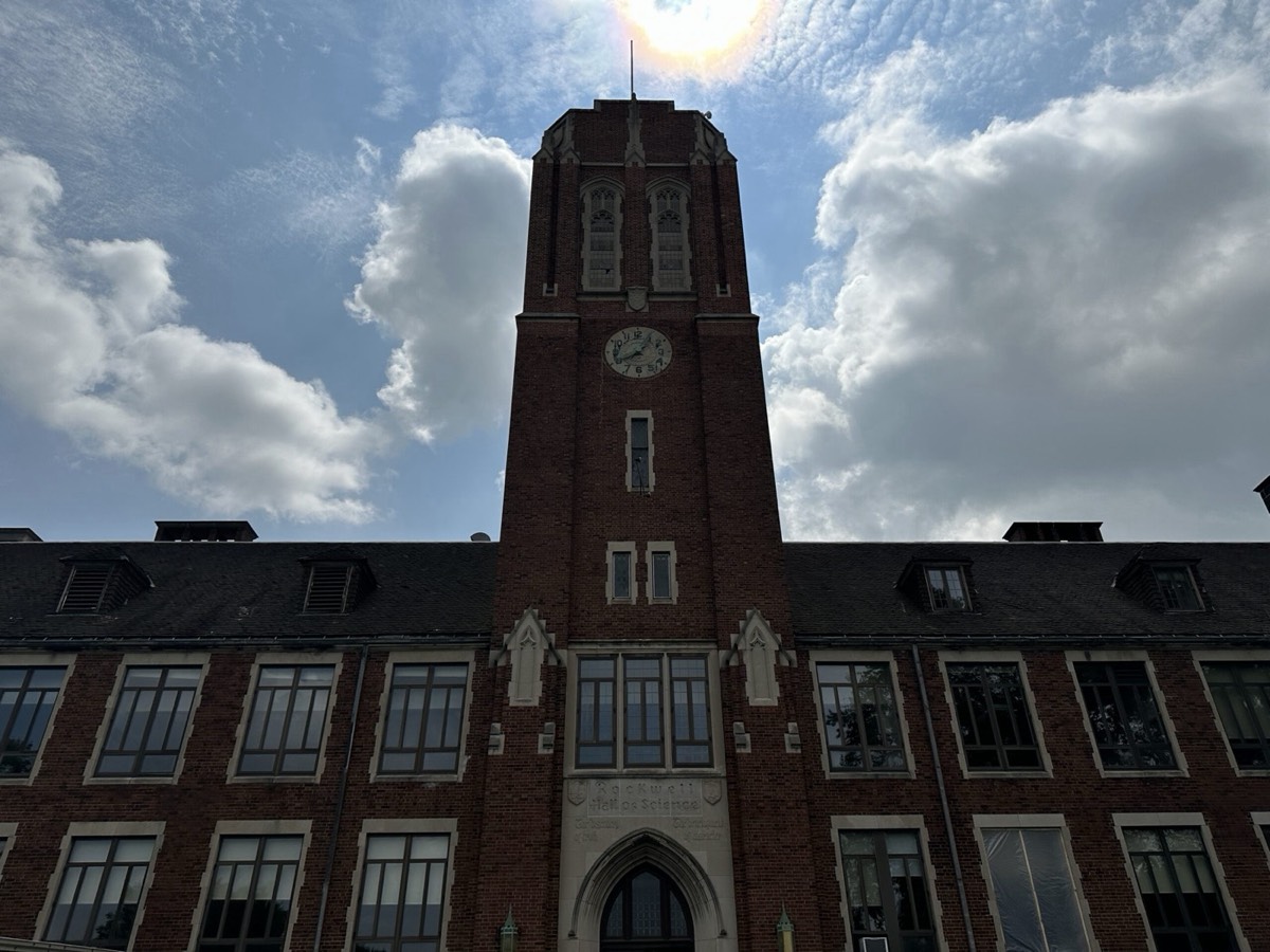 Collegiate Gothic clock and bell tower, Rockwell Hall